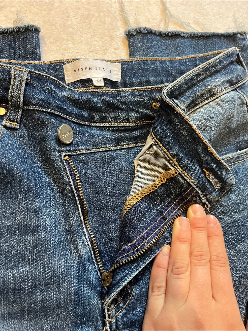 High-Rise Raw Hem Straight Jeans in Medium Blue - Picture 4 of 9